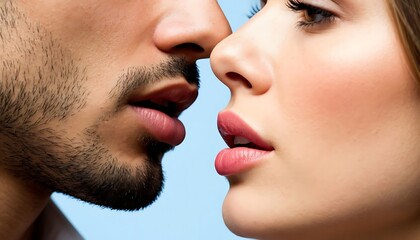 Obraz premium closeup of male and female lips nearly touching, intimate moment with glossy makeup and subtle stubble