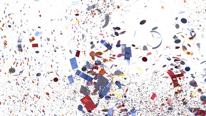 Vibrant confetti bursts in air, ideal for celebration, party, festive, and holiday designs. Stock photo of colorful confetti.