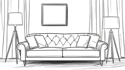 Continuous line art drawing of a sofa and floor lamp.