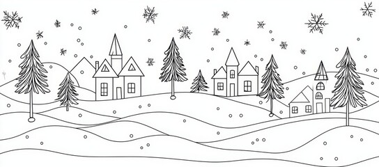 Continuous line art depicting a winter landscape 