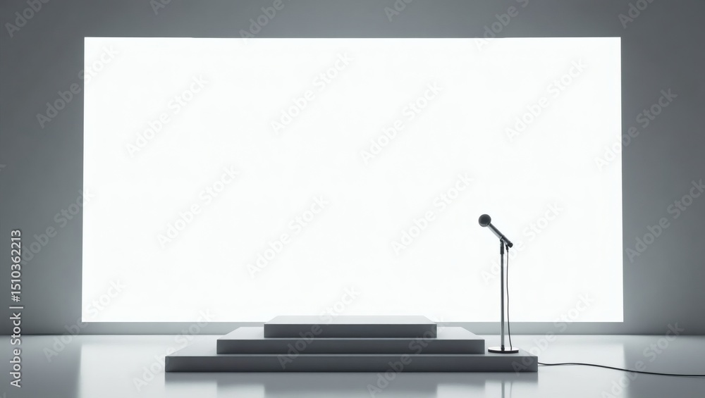 Poster a minimalist stage is set up for a presentation, with a microphone. the backdrop of the stage is a b