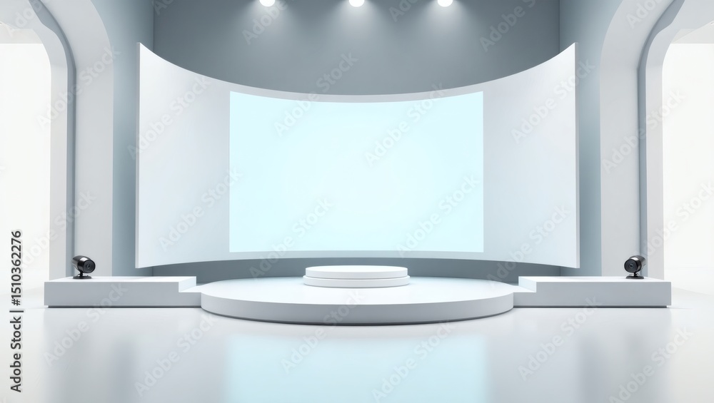 Poster an empty stage designed with elegant curves and soft lighting. the stage creates a futuristic ambian