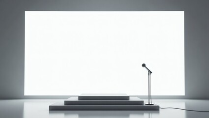A minimalist stage is set up for a presentation, with a microphone. The backdrop of the stage is a blank canvas for any content