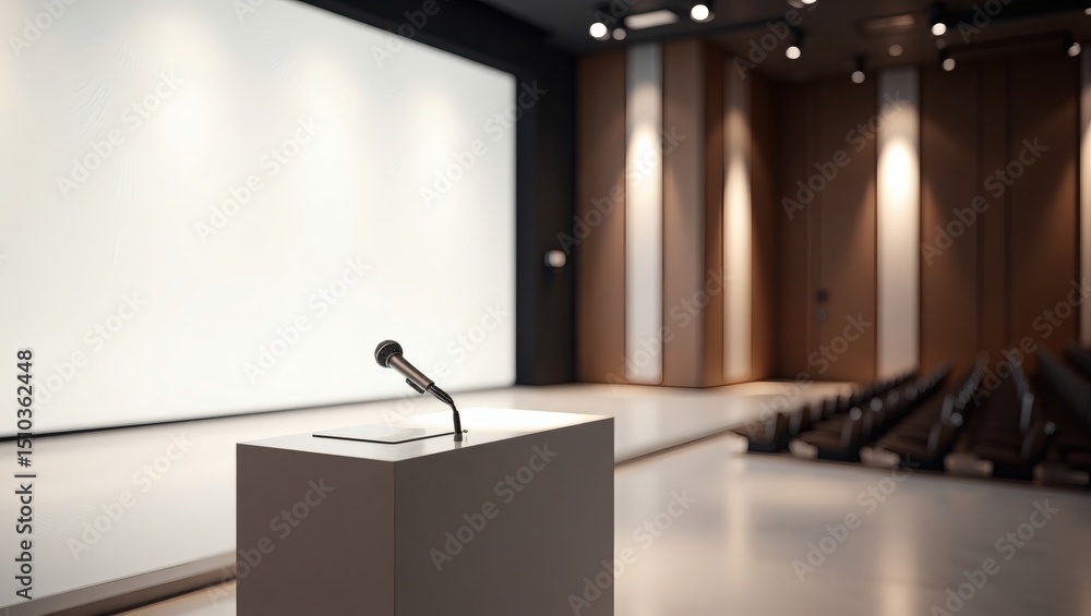 Aufkleber A minimalist podium with a microphone in an empty auditorium with rows of seating. The scene exudes anticipation for the event