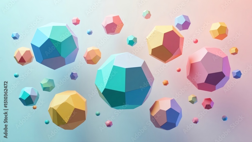 Poster colorful geometric shapes floating in an ethereal space, displaying variety and artistic flair