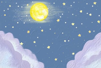 メルヘンファンタジーな絵本の挿絵のようなアクリル絵具タッチの夜空の満月と星たち