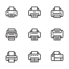 A set of simple, black line icons represents different printer models.