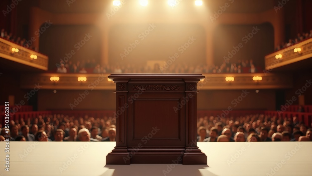 Poster an empty podium in a dimly lit theater, awaiting the speaker before a large audience