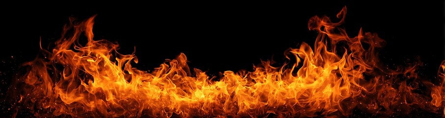 Panoramic view of fiery orange and red flames isolated on a black background, with dynamic movement, glowing heat, and intense burning textures, perfect for dramatic themes and energy-related designs.