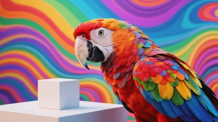 Fototapeta premium Parrot with Multicolored Feathers, Gazing at White Podium Mockup for Cosmetics, Products, Perfumes or Jewelry Against Colorful Swirl Background