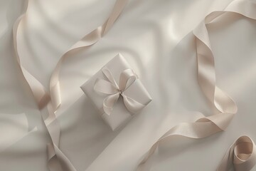 Elegant Gift Box with Soft Satin Ribbon on a Light Fabric Background, Perfect for Celebrations, Holidays, Birthdays, and Special Occasions in a Minimalist Style