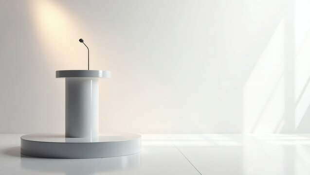 a simple, minimalist podium with a microphone sits in a brightly lit space. The setting is clean and uncluttered, the focus entirely on the presentation aspect