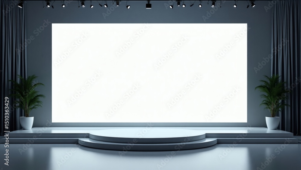 Poster a stage designed with minimalist elegance for a presentation, with a backdrop for projection and pla