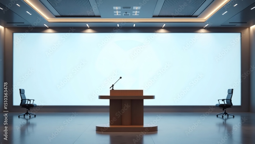 Poster an empty conference room with a wooden podium, microphone and chairs on either side, in front of a l