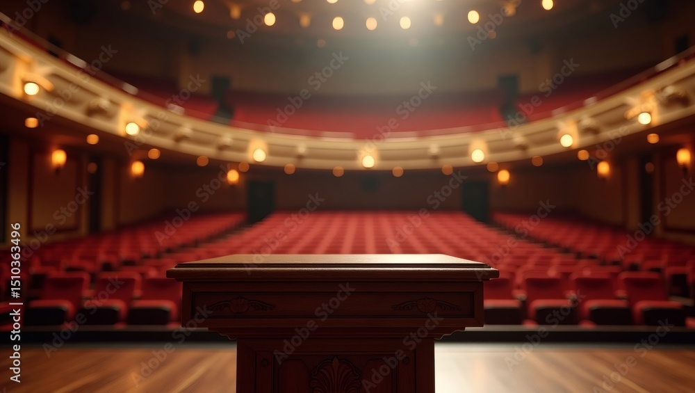 Poster a stage with empty seats and illuminated by spotlight. the podium is in focus