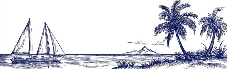 Fototapeta premium Hand-drawn seascape featuring palm trees and yachts.