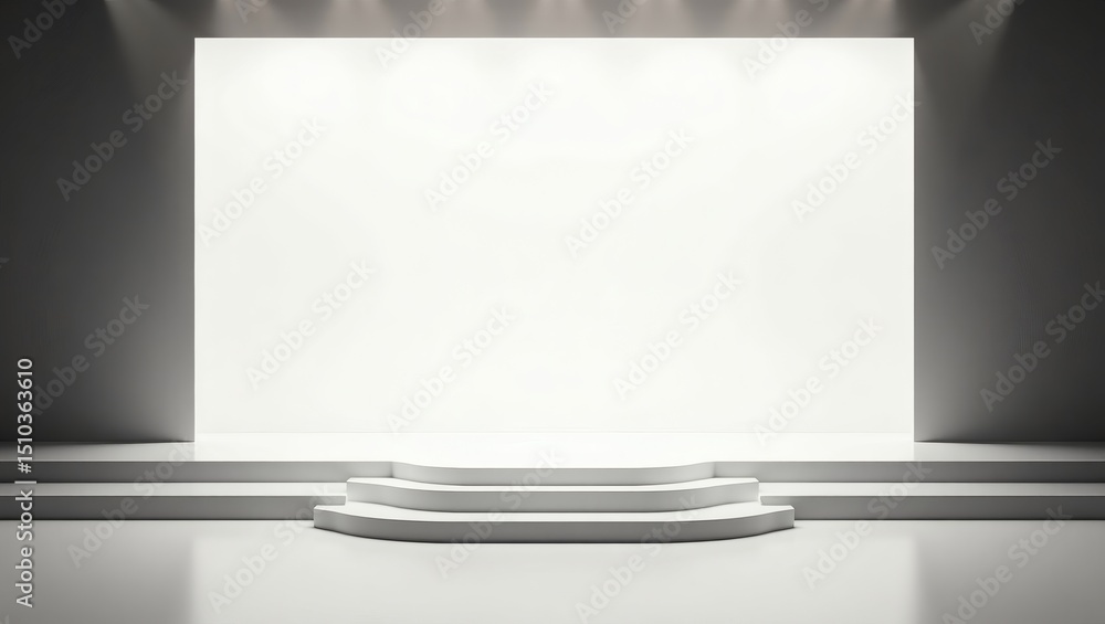Poster empty white stage with spotlight and large blank backdrop for presentations or product displays. the