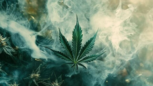 close up of cannabis leaf with smoke