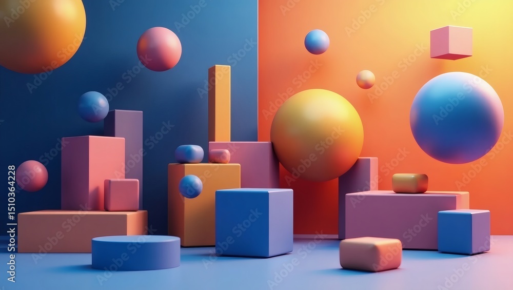 Poster geometric abstraction with sphere and cubes on contrasting blue and orange background