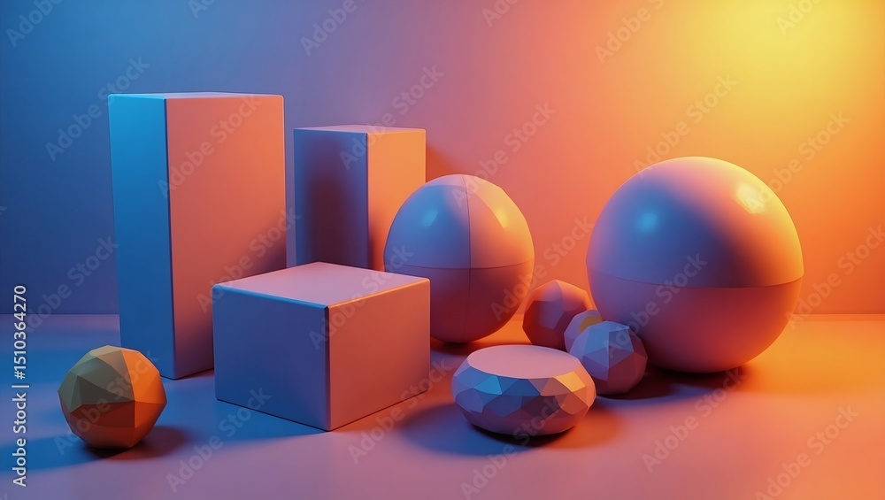 Aufkleber geometric shapes rendered in soft, warm light, casting subtle shadows, showcasing their form and texture