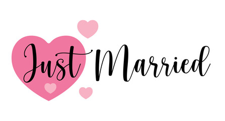 Just Married. Hand drawn typography with pink heart