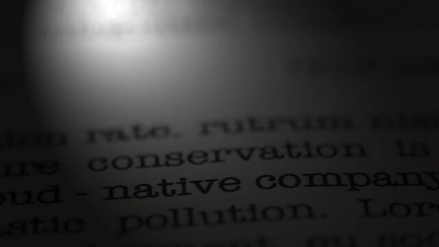 Cloud native company. Moving text printed on a page. Slow motion. A piece of paper with a phrase written in retro typewriter font. Spotlight effect. Dramatic video.