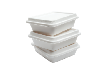 Stack of three white eco friendly disposable food containers perfect for takeout or meal prep