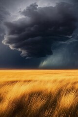 Dramatic Skies: A field of golden wheat stands in stark contrast beneath a dramatic sky, showcasing the raw power and beauty of nature. Capturing the pre-storm atmosphere