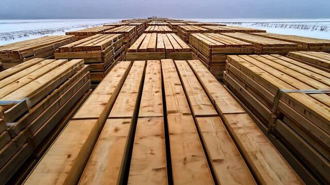 Massive Stack of Lumber in Snowy Landscape