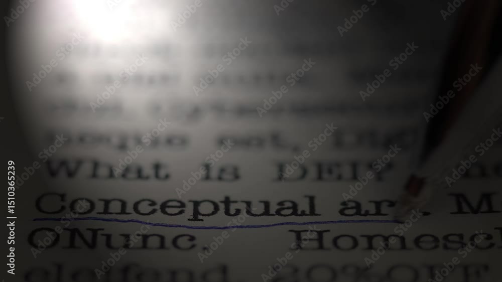 Aufkleber conceptual art. underlined. moving text printed on a page. slow motion. a piece of paper with a phra