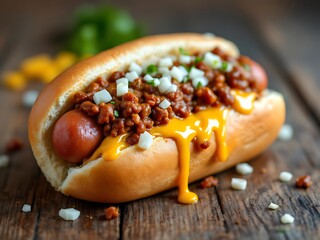 Hot dog with beef chili, melted cheddar, and onions in a soft toasted bun. A rich and savory street food treat, perfect for chili lovers and comfort food fans