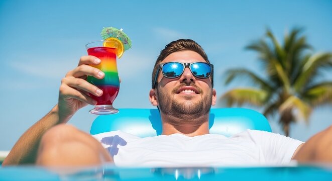 Smiling man relaxing on float in pool with tropical cocktail