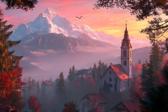 iconic picture of bavaria with maria gern church with hochkalter peak on background fantastic autumn sunrise in alps superb evening landscape of germany countryside traveling concept background