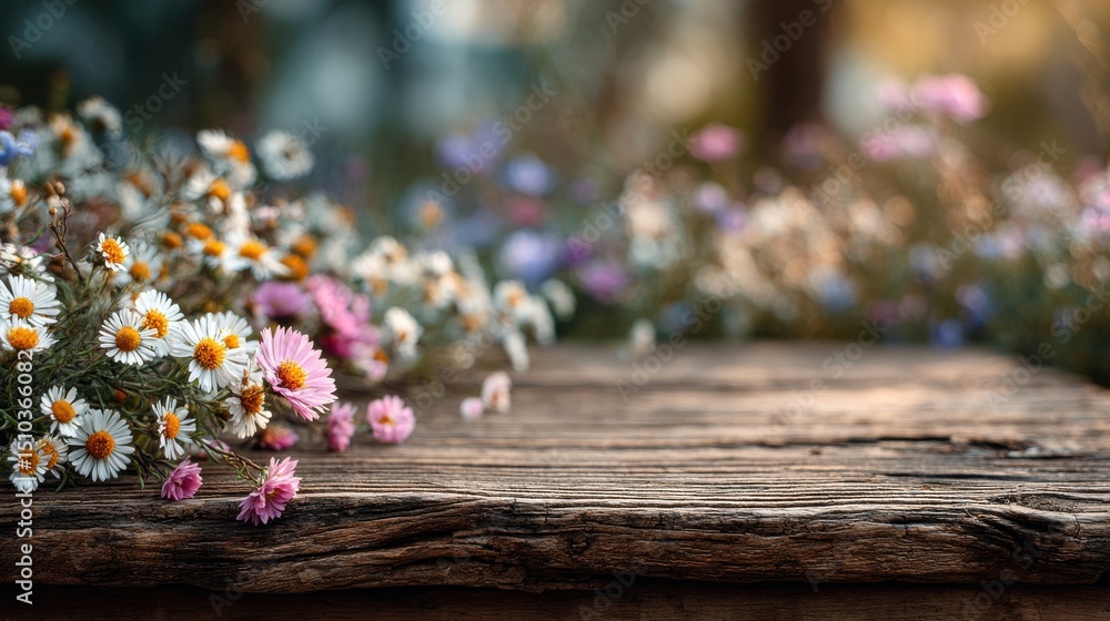 Poster fresh wildflowers arranged on table with blurred background, ample empty space for text