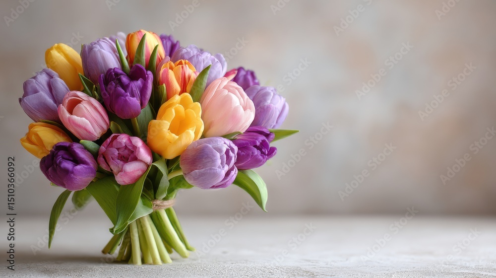 Poster fresh tulips bouquet on simple white table with ample space for text