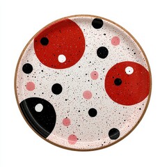 Red, Black, and Pink Polka Dot Ceramic Plate on Off White Background