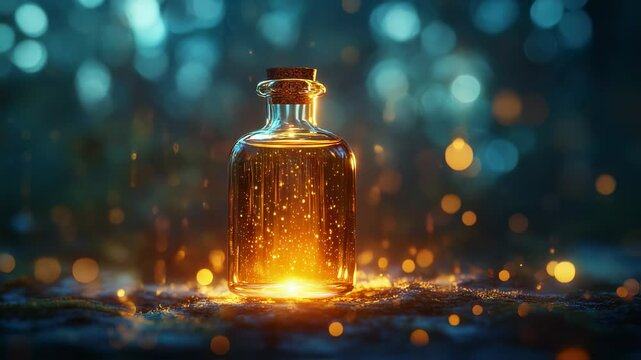 Mystical Elixir: A Glowing Potion Bottle with Enchanting Sparkles Around