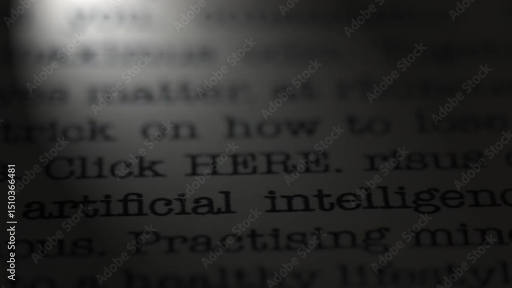 Poster generative artificial intelligence. moving text printed on a page. headline. a piece of paper with a