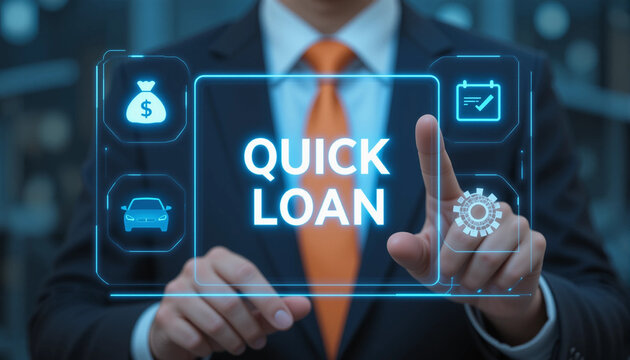 Business man working on virtual touch screen presses inscription QUICK LOAN. Concept of quick and easy loan, fast money providence, business and finance services.
