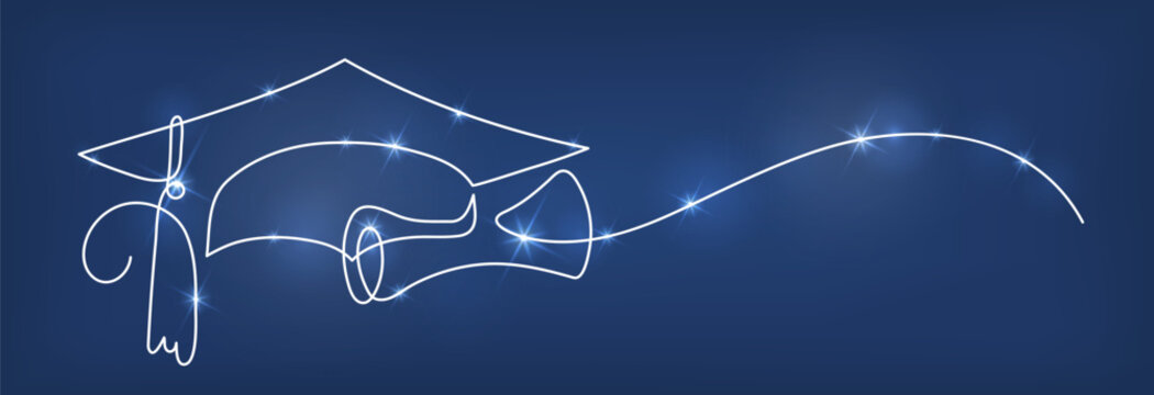 Graduation cap shining on blue background. Continuous line drawing.