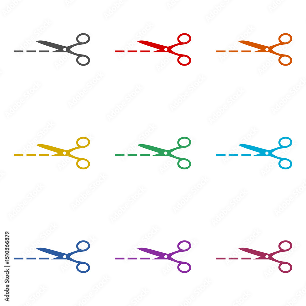 Poster scissors with cut line icon isolated on white background. set icons colorful