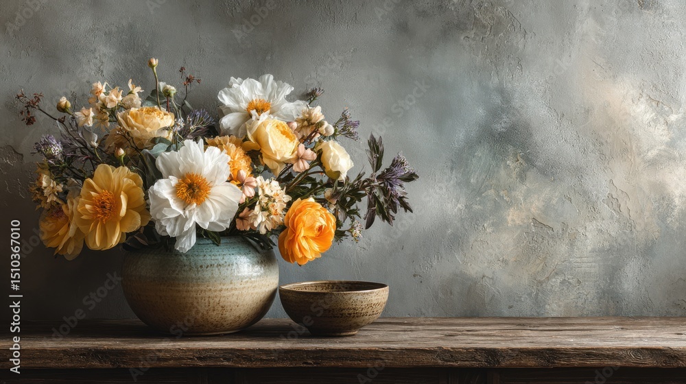 Poster fresh garden flowers arranged on simple table with empty space for product placement