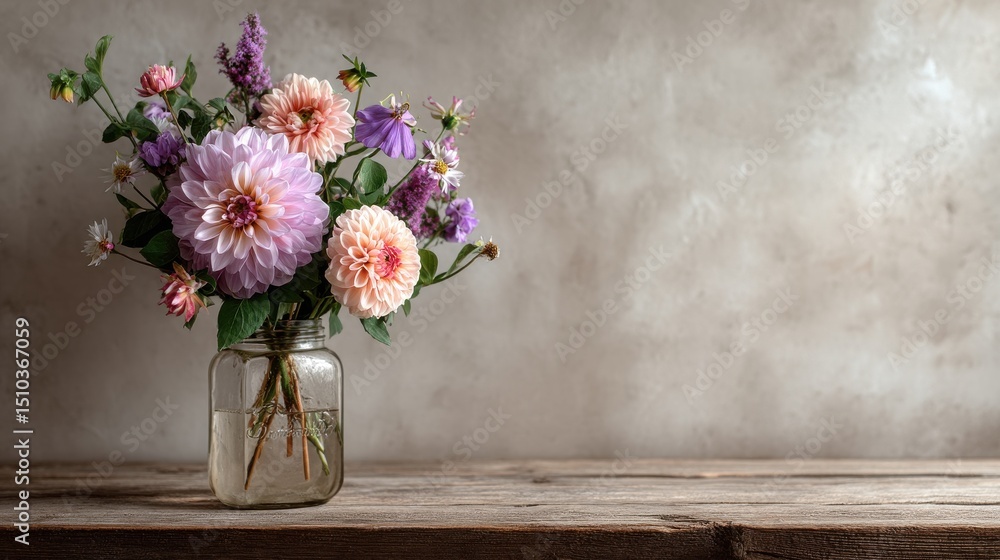 Poster fresh garden flowers arranged on simple table with empty space for product placement