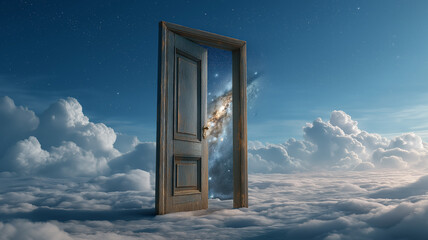 Single surreal floating door cracked open in a calm sky, revealing a galaxy inside, portal to another world theme, magical photo style