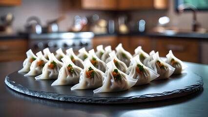 A row of perfectly shaped vegetable momos on a dark slate platter with a blurred kitchen background