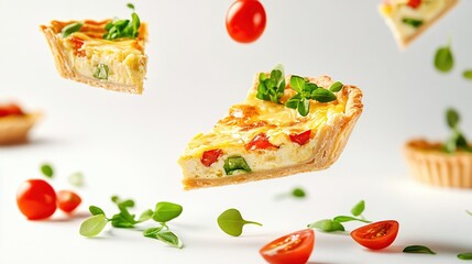 Floating quiche slices with tomatoes and herbs