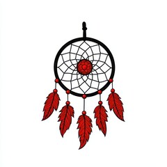 Red and Black Dreamcatcher with Feathers on White Background