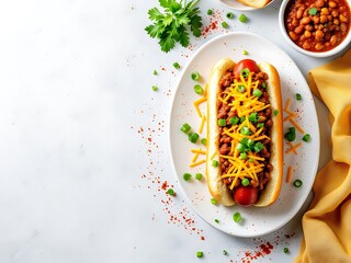 Hot dog with beef chili, melted cheddar, and onions in a soft toasted bun. A rich and savory street food treat, perfect for chili lovers and comfort food fans