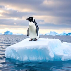Obraz premium A lone emperor penguin stands proudly on a pristine blue iceberg, surrounded by the vast ocean and distant ice formations under a cloudy sky at sunset.