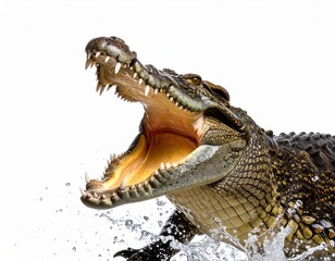 Obraz premium An enormous crocodile bursts upward from the water with its mouth wide open, showcasing teeth and scales against a solid white background, looking fierce.